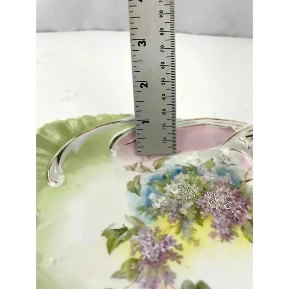 VTG Pink Green Porcelain Celery Dish Cut Out Handles Gold Accent Estate Find - Picture 6 of 14